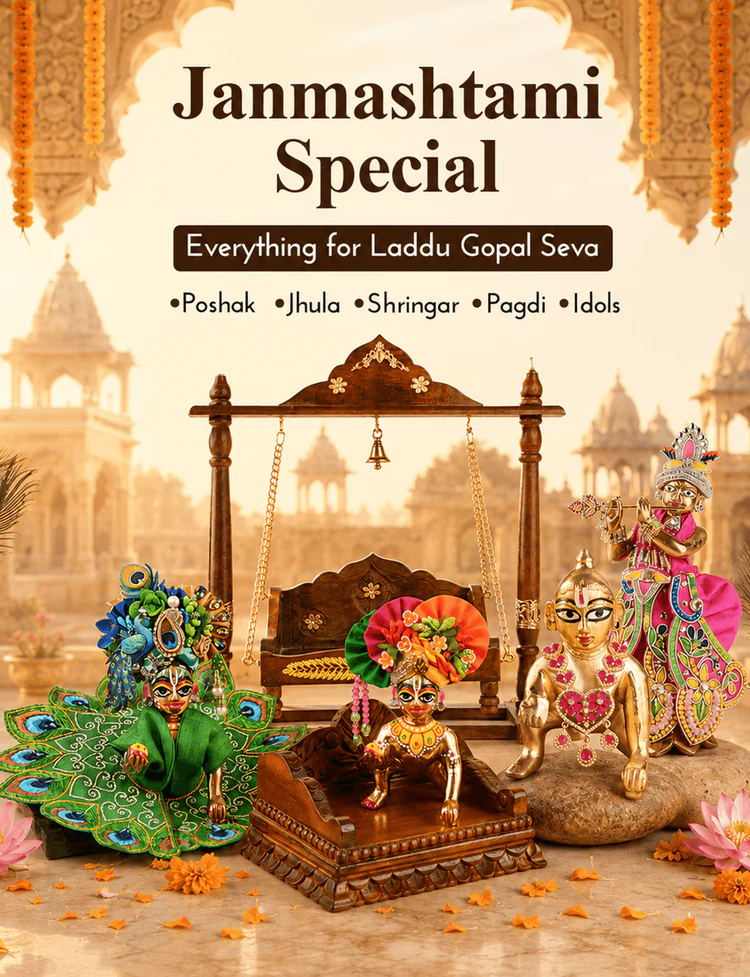 Laddu Gopal idol wearing a handmade teal and gold poshak with premium embroidery